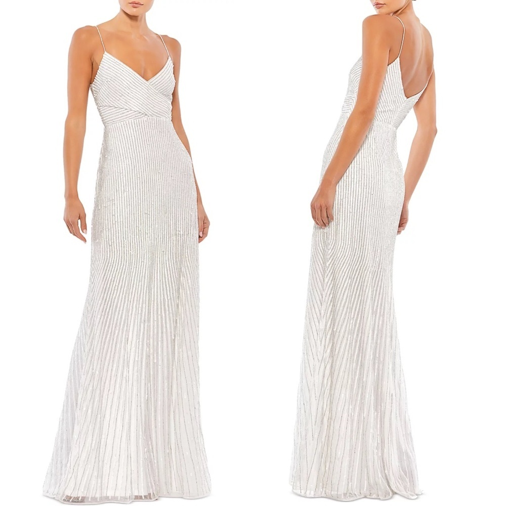 Mac Duggal White Glitter Beaded Maxi Gown
